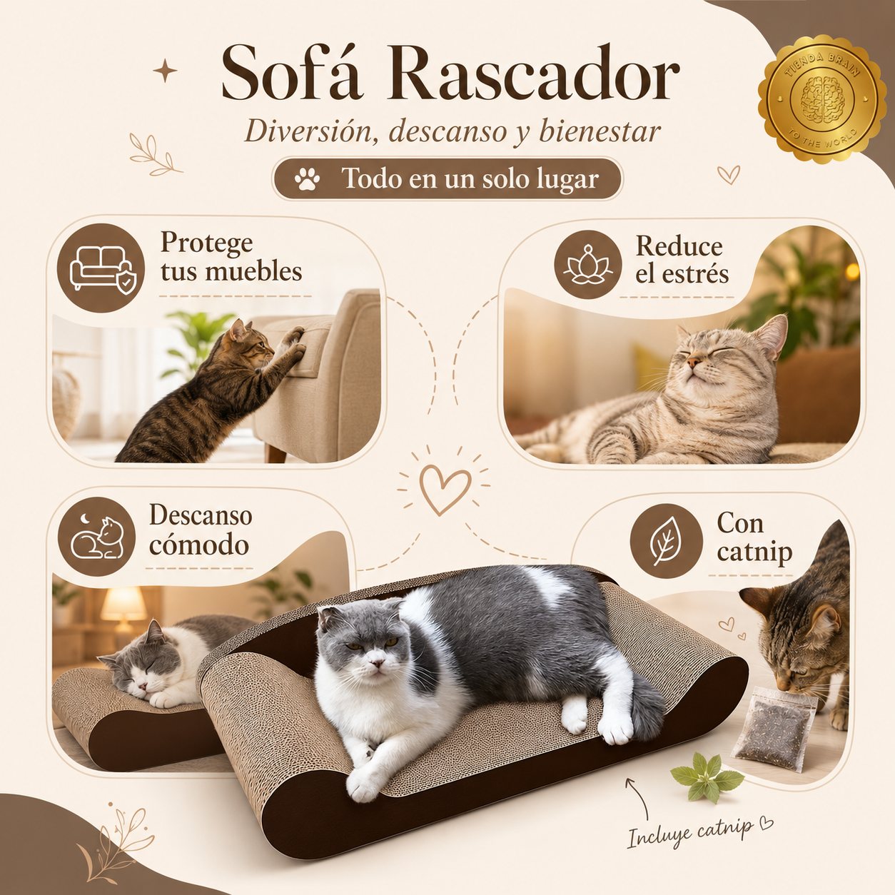 CatLounge™ 😺🛏️💚Rascador Tipo Sofa Para Gatos Con Catnip⭐⭐⭐⭐⭐