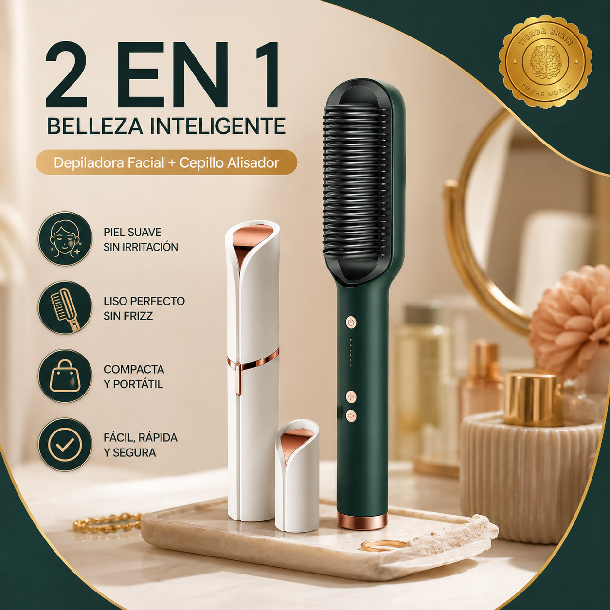 GlamBrush™ 💖🌟Depiladora Facial + Cepillo Alisador⭐⭐⭐⭐⭐