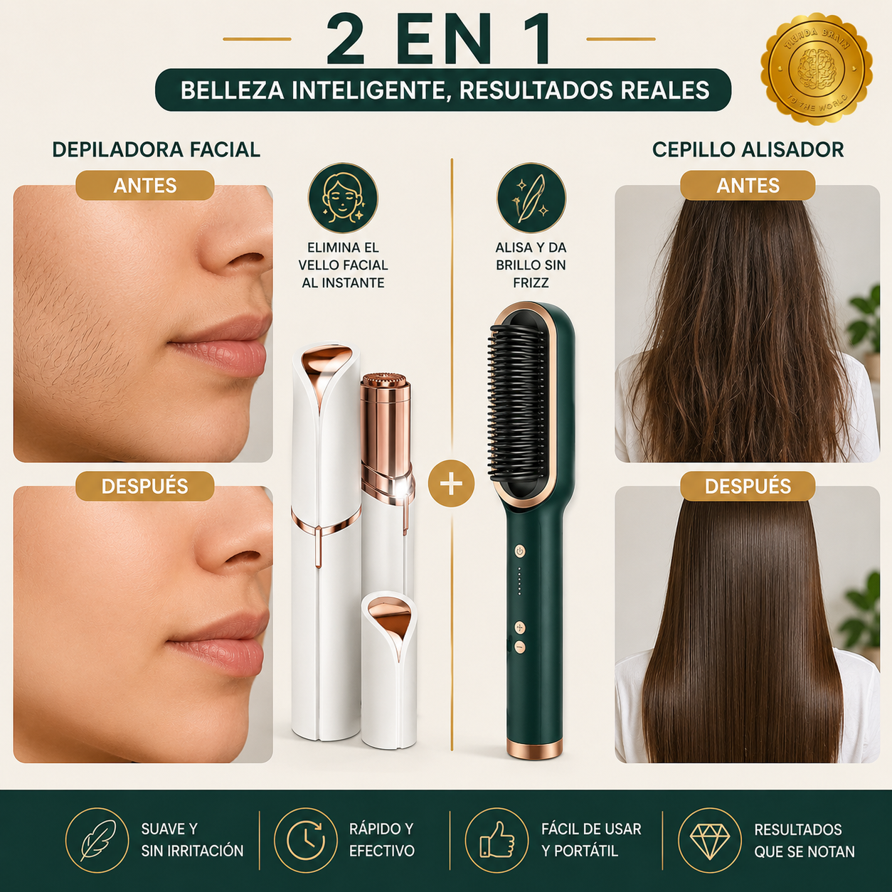 GlamBrush™ 💖🌟Depiladora Facial + Cepillo Alisador⭐⭐⭐⭐⭐