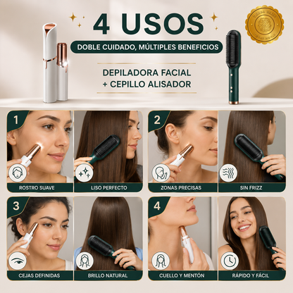GlamBrush™ 💖🌟Depiladora Facial + Cepillo Alisador⭐⭐⭐⭐⭐