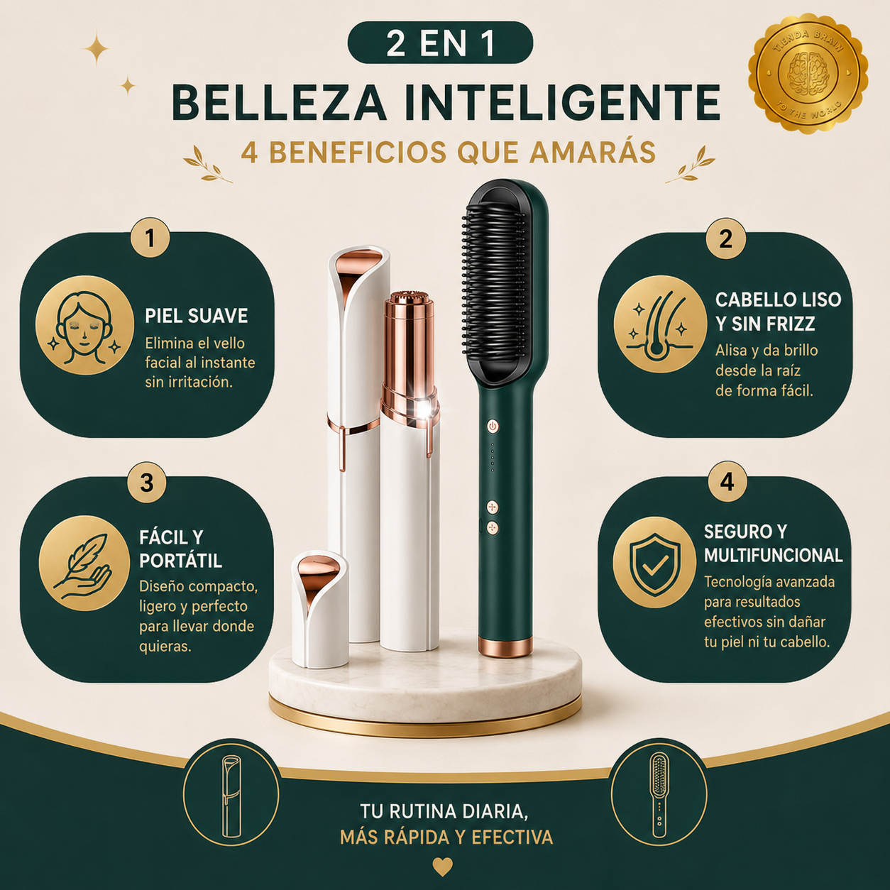 GlamBrush™ 💖🌟Depiladora Facial + Cepillo Alisador⭐⭐⭐⭐⭐