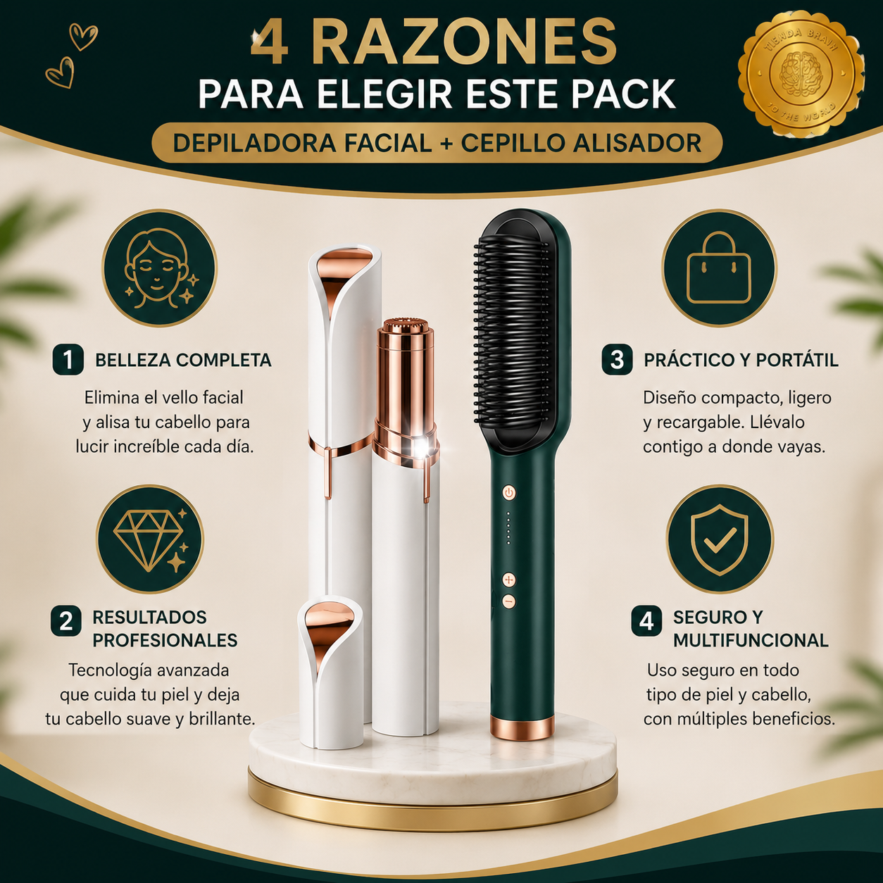 GlamBrush™ 💖🌟Depiladora Facial + Cepillo Alisador⭐⭐⭐⭐⭐
