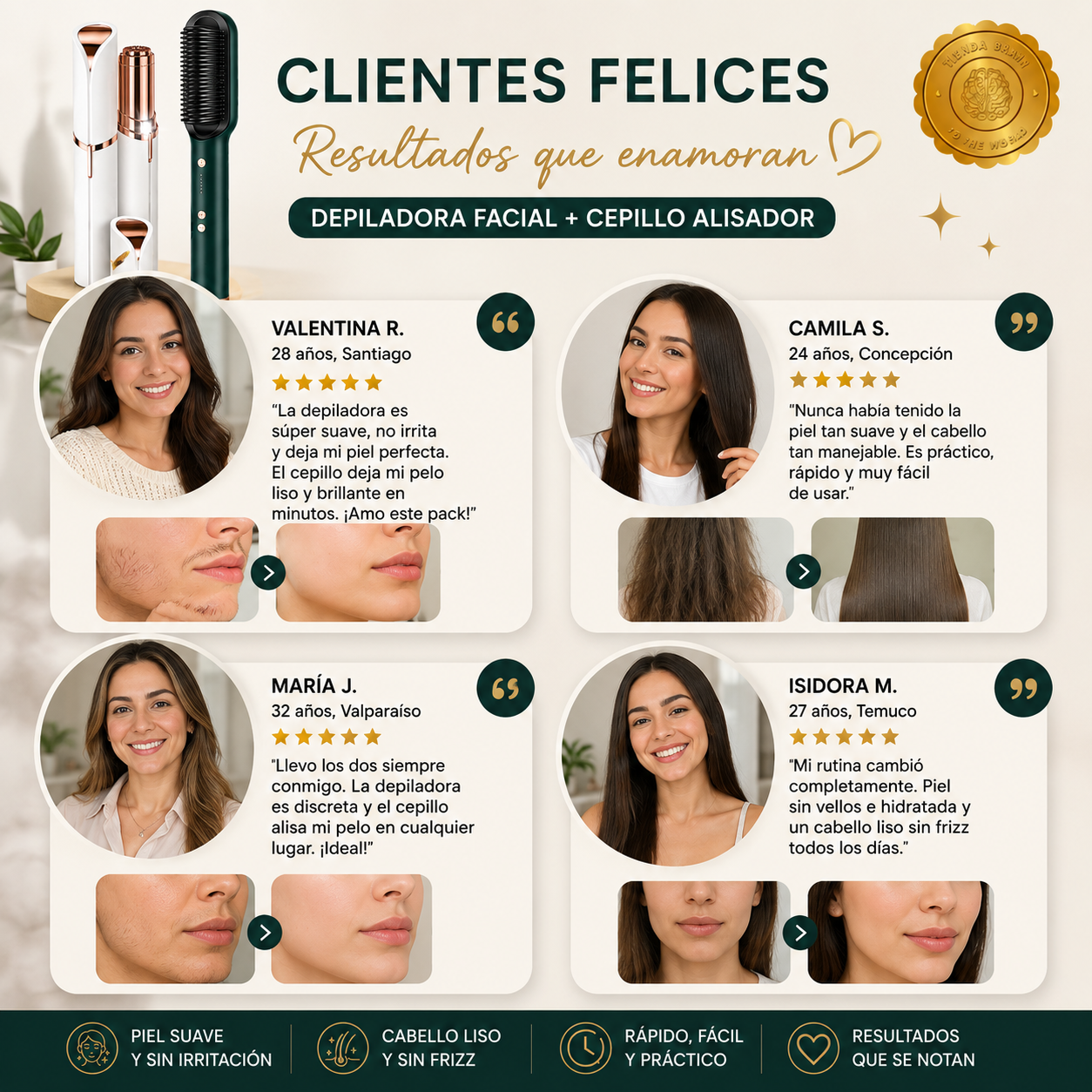 GlamBrush™ 💖🌟Depiladora Facial + Cepillo Alisador⭐⭐⭐⭐⭐
