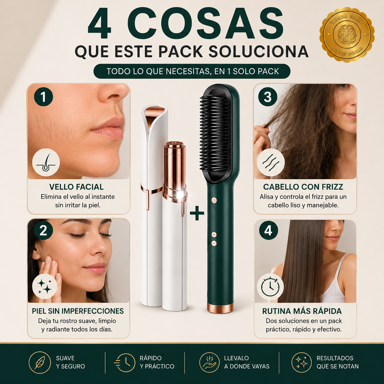 GlamBrush™ 💖🌟Depiladora Facial + Cepillo Alisador⭐⭐⭐⭐⭐