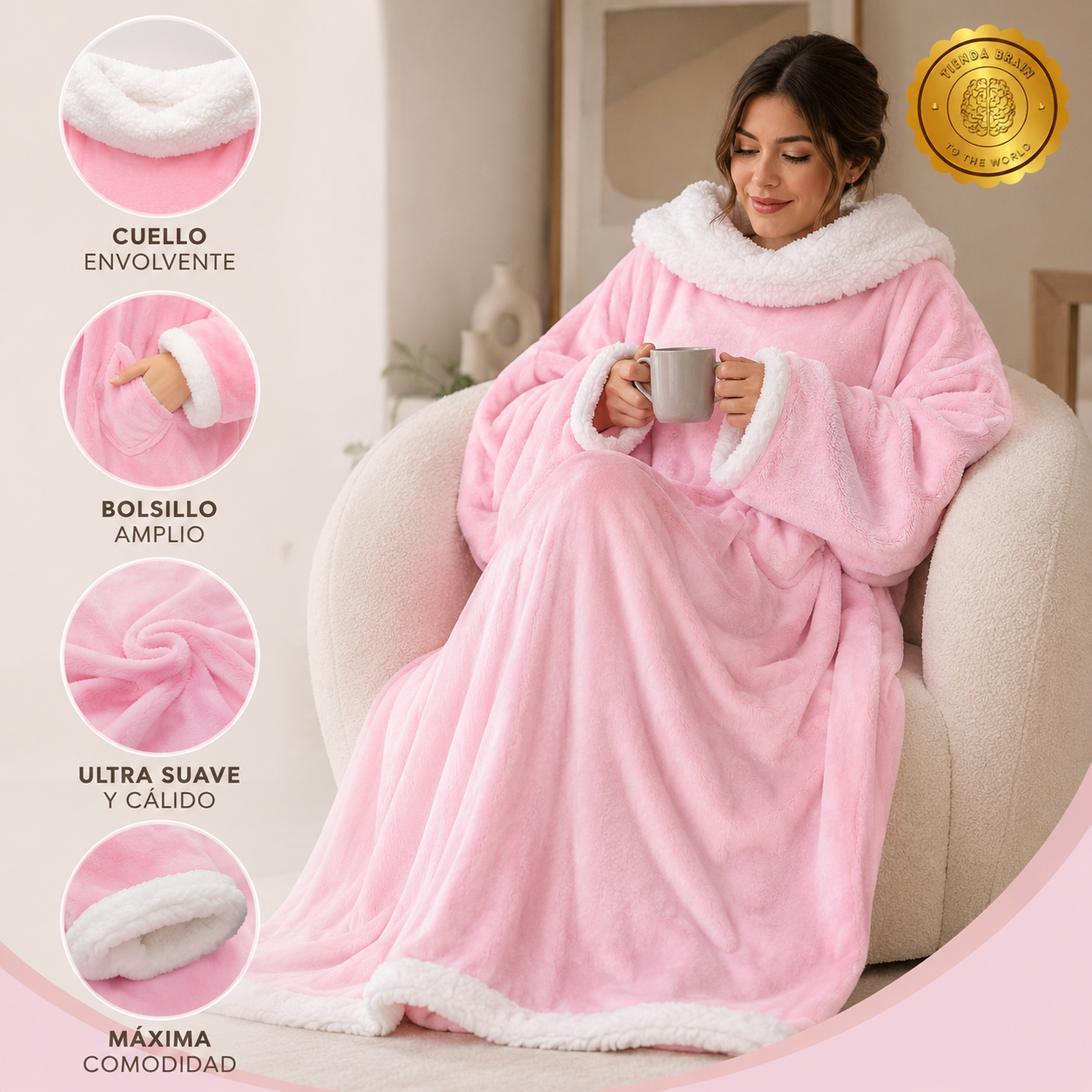 CosyHug™ 🤗🧥Abrigo Polar Rosa con Mangas y Bolsillo⭐⭐⭐⭐⭐