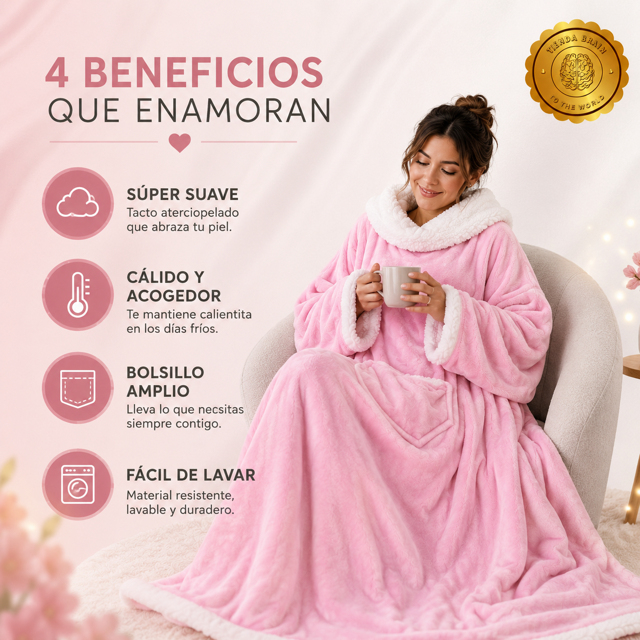 CosyHug™ 🤗🧥Abrigo Polar Rosa con Mangas y Bolsillo⭐⭐⭐⭐⭐