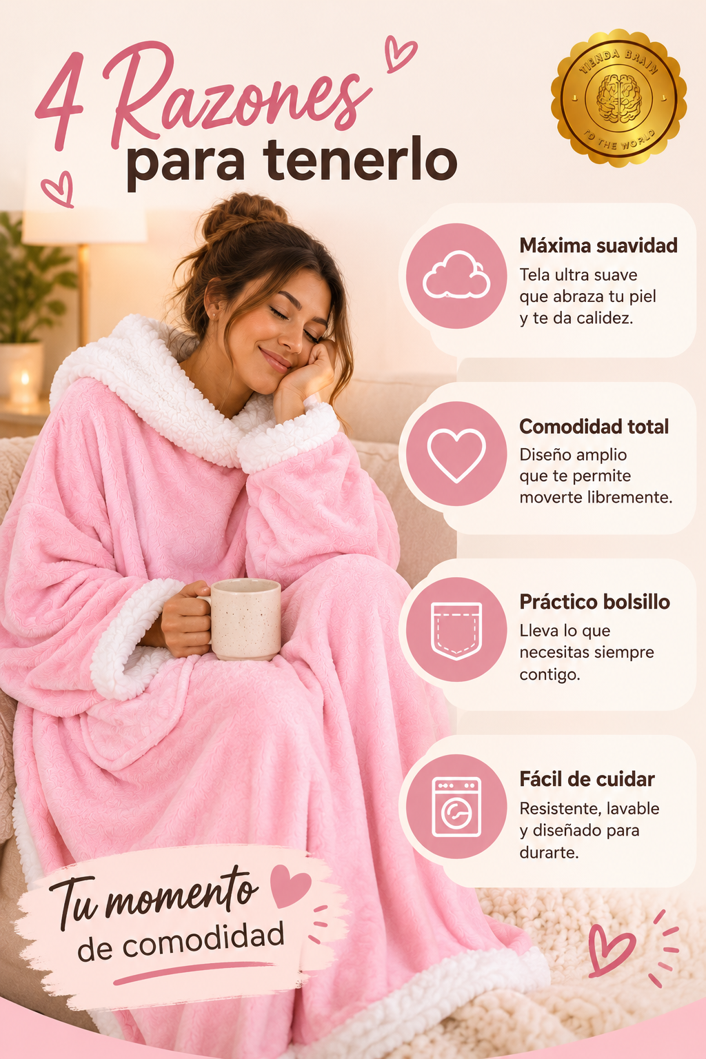 CosyHug™ 🤗🧥Abrigo Polar Rosa con Mangas y Bolsillo⭐⭐⭐⭐⭐