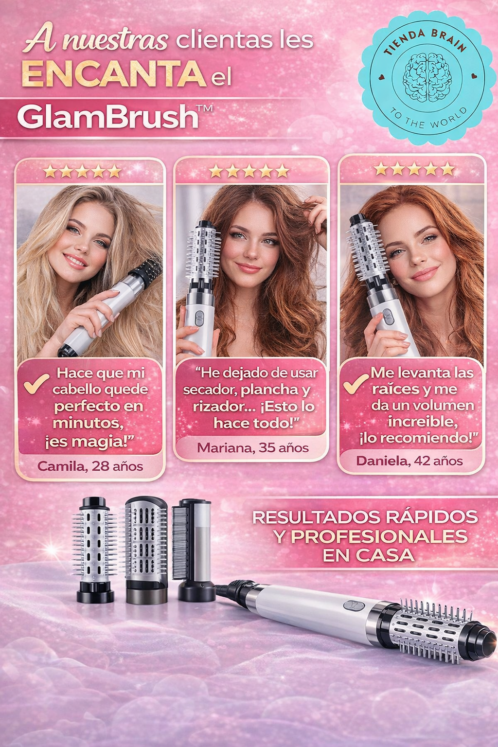 GlamBrush™ ✨🎀💨CEPILLO SECADOR. RISADOR ,PEINE 4 EN 1⭐⭐⭐⭐⭐